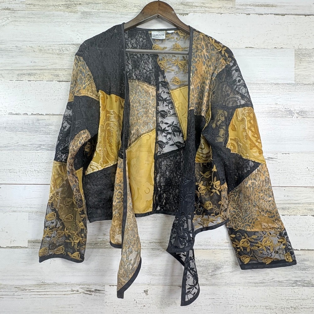 Chicos Patchwork Lace Leopard Paisley Tie Front Kimono Top Sheer Gold Black M - Picture 3 of 9